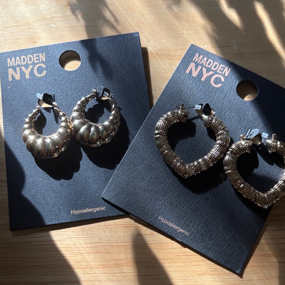 NWT Gold Madden NYC Gold Tone Heart Bamboo Hoop Earrings (2 Pairs!)